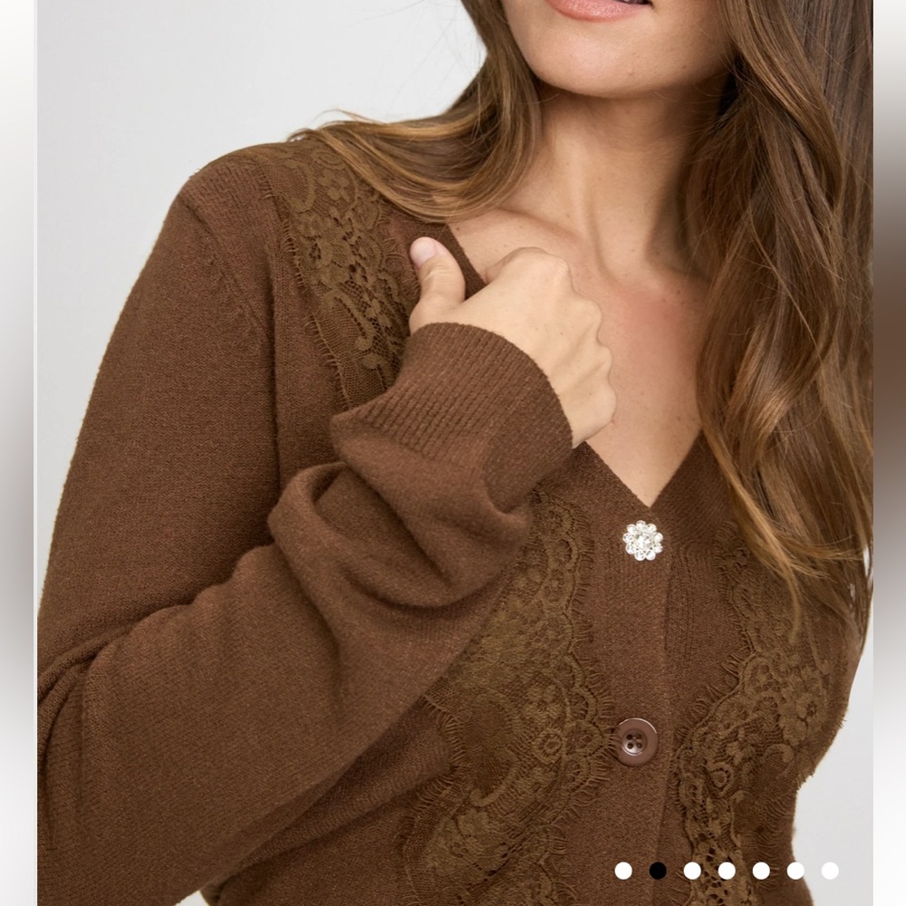 Laura Knitted Cardigan Sweater Lace Detail Coffee Brown - Picture 3 of 12
